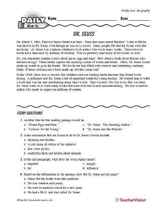 Theodor Seuss Geisel Biography | Printable Reading Warm-Up, Gr. 3 &amp; 4 ...